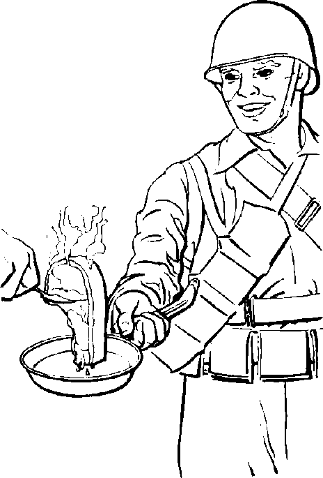 Soldier served meat into pan.