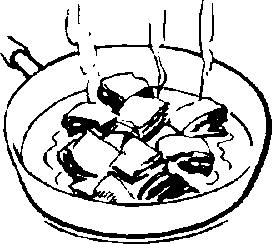 Cubes of meat in pan.