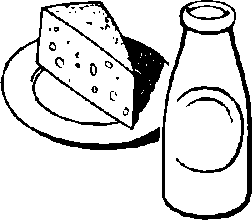 Piece of cheese and bottle of milk.