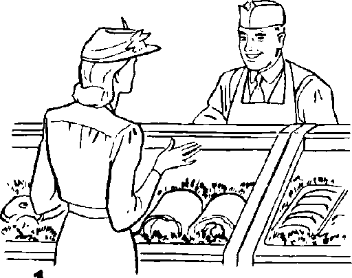 Housewife at butcher counter.